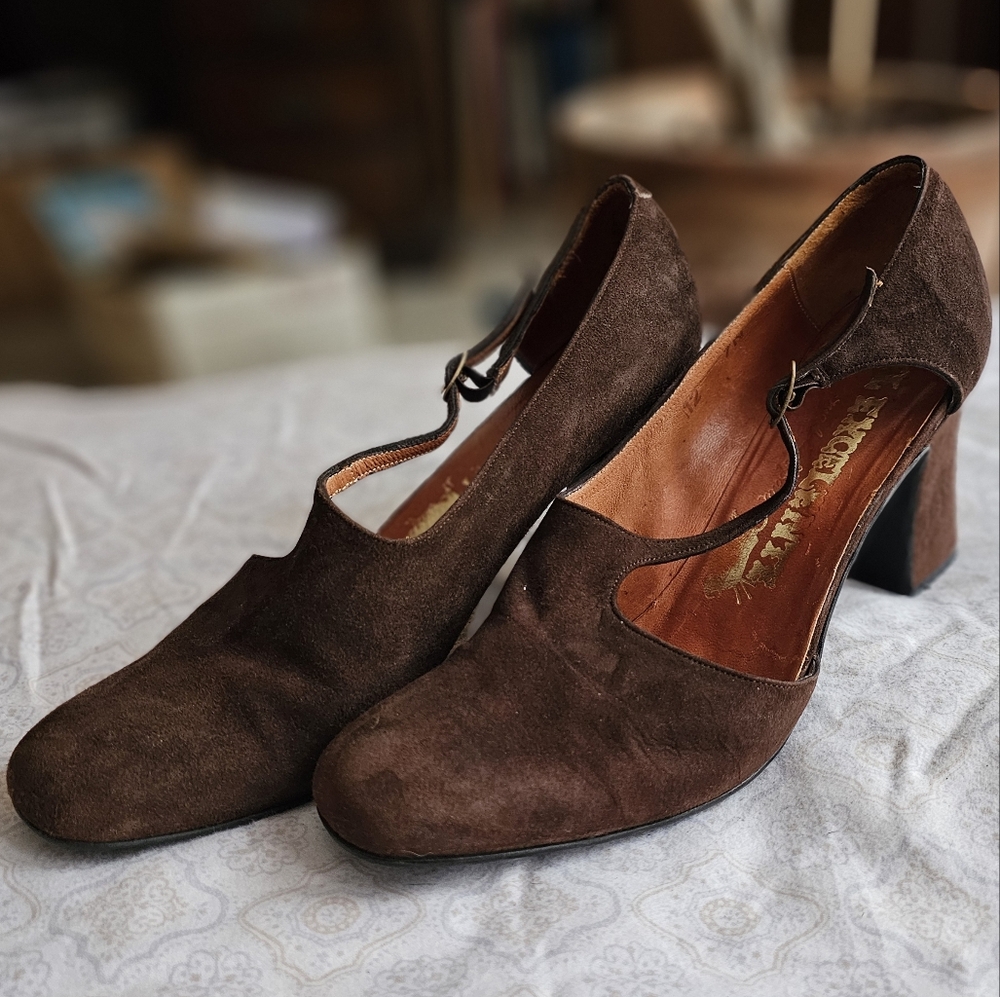 Vintage 70's Brown Suede Cutout Heels